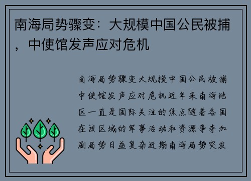 南海局势骤变：大规模中国公民被捕，中使馆发声应对危机